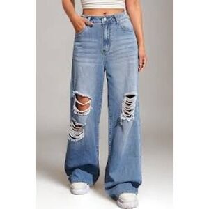 Hollister High-Rise Extreme Baggy Distressed‎ Light Wash Jeans W26 L32